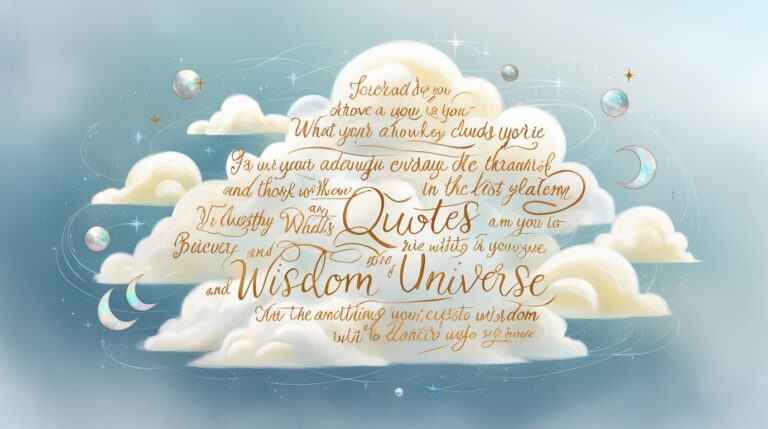 A serene image of fluffy, white clouds against a clear blue sky. Overlaid on the clouds are various inspirational quotes written in elegant, flowing script. The quotes are scattered across the sky, blending seamlessly with the cloud formations, creating a peaceful and uplifting atmosphere.